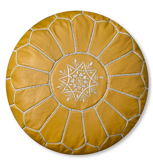 Pouf en cuir marocain jaune avec broderie noire – Artisanat de luxe