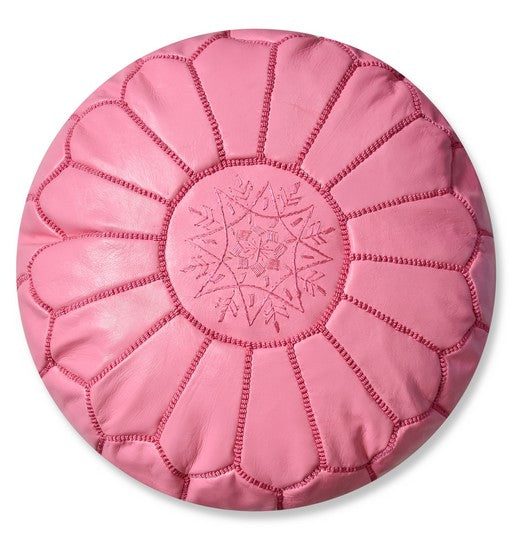 Pouf en cuir marocain rose avec broderie rose  – Artisanat de luxe