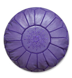 Pouf en cuir marocain violette avec broderie violette – Artisanat de luxe